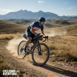 Ciclista de gravel avanzado manteniendo un ritmo elevado en un sendero de tierra técnico y polvoriento, demostrando control y eficiencia.