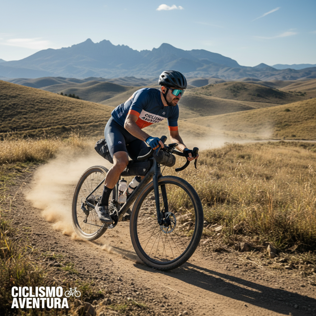 Ciclista de gravel avanzado manteniendo un ritmo elevado en un sendero de tierra técnico y polvoriento, demostrando control y eficiencia.