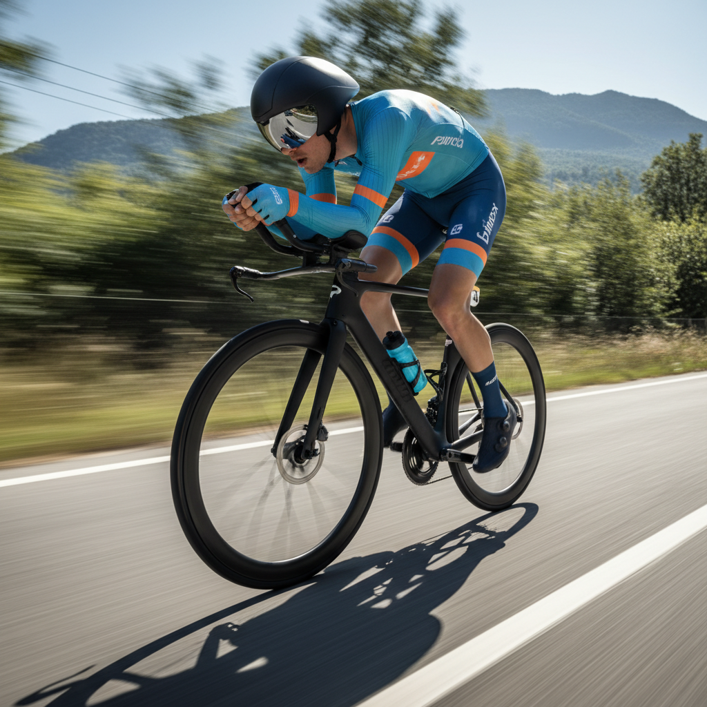 Ciclista de carretera en posición aerodinámica avanzada con equipamiento aero de carbono en una carretera abierta.