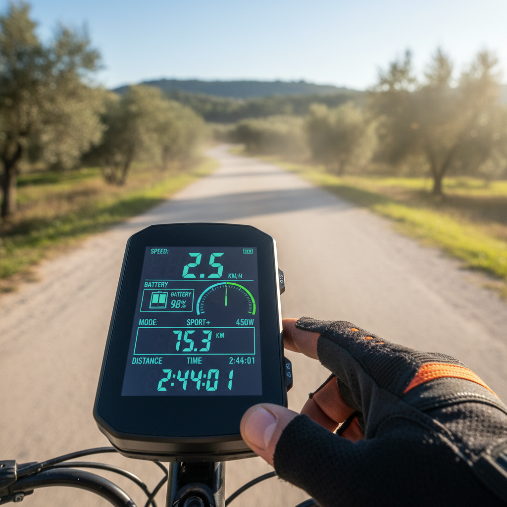 Ciclocomputador de ebike mostrando datos de velocidad, batería y modo de asistencia en ruta.