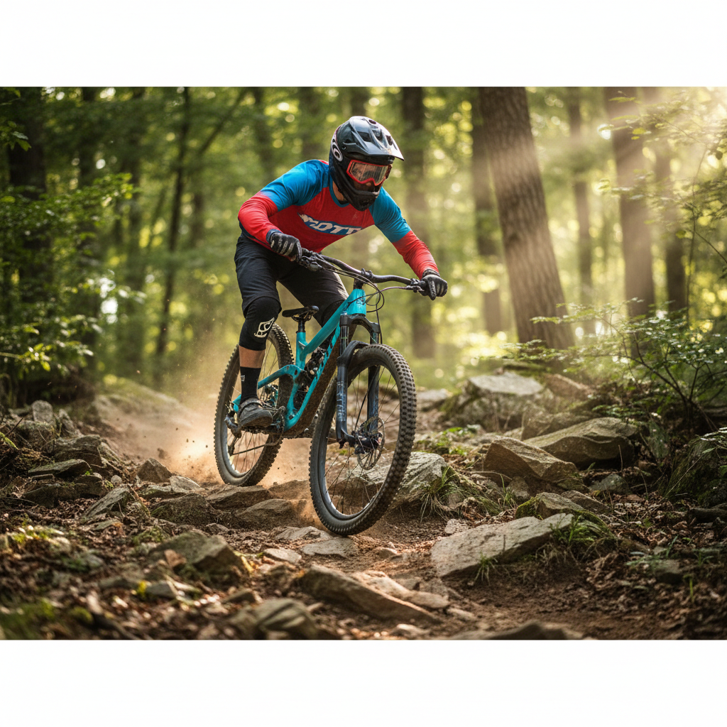 Ciclista de montaña experto descendiendo un sendero rocoso técnico, mirando hacia adelante y anticipando el terreno. Ambiente forestal con luz solar filtrándose entre los árboles.