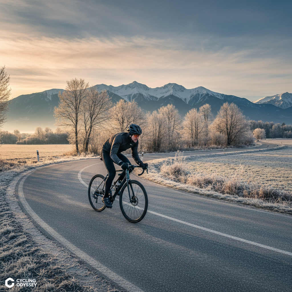 Ciclista de carretera con ropa de invierno en una salida de fondo durante la estación fría, mejorando su entrenamiento base.
