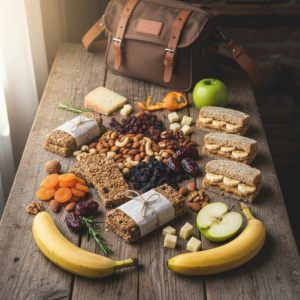 Variedad de snacks y comida real saludable para bikepacking y gravel, dispuestos sobre una mesa de madera con una bolsa de manillar de bicicleta al fondo.