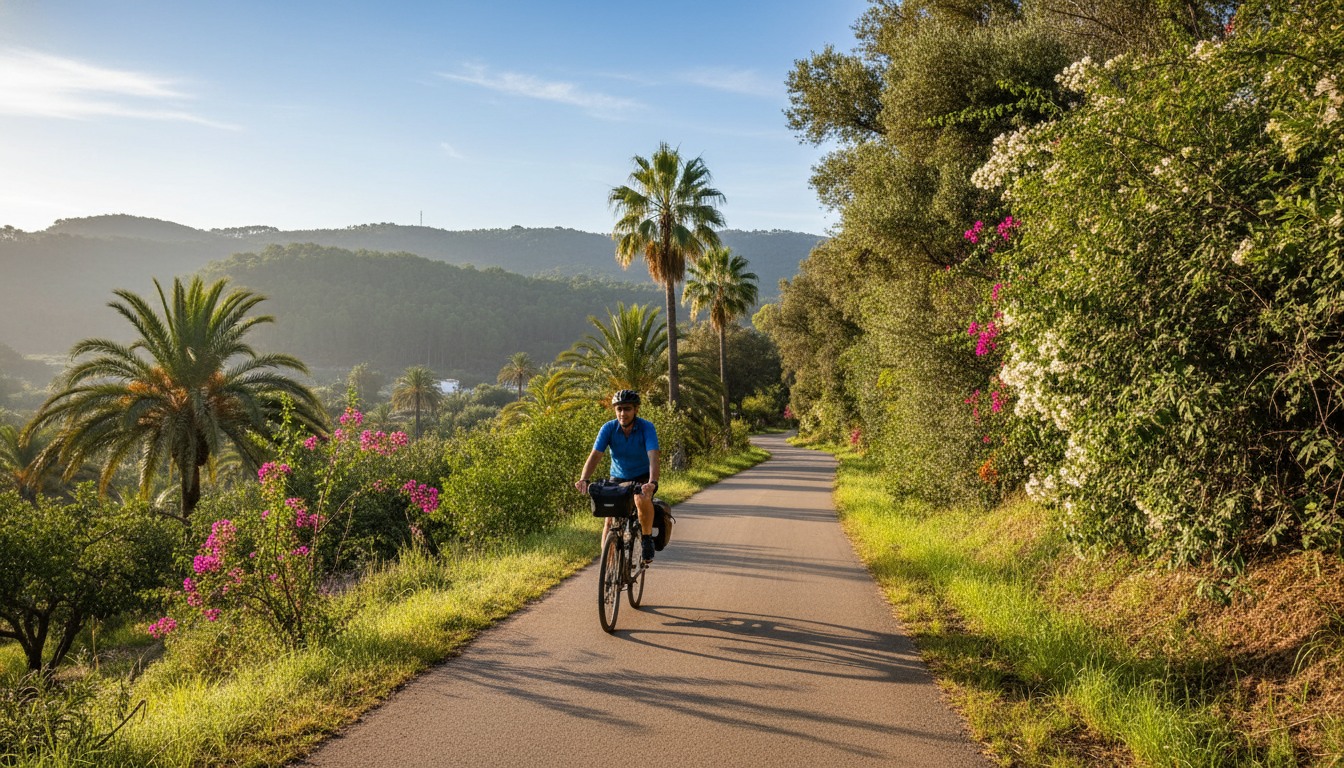 ciclista rodando por una vía verde llana en españa